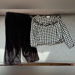 Rachel Zoe Black and White Checked Blouse and Black Velvet Pants Set-4T